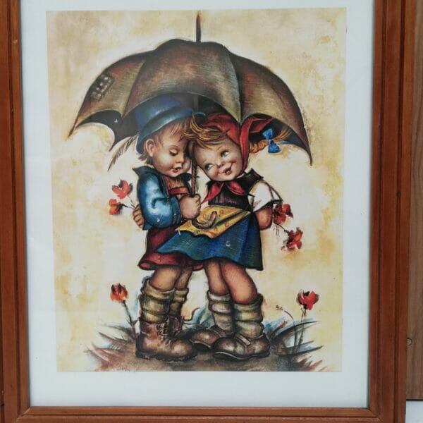 Prent jongen en meisje onder paraplu